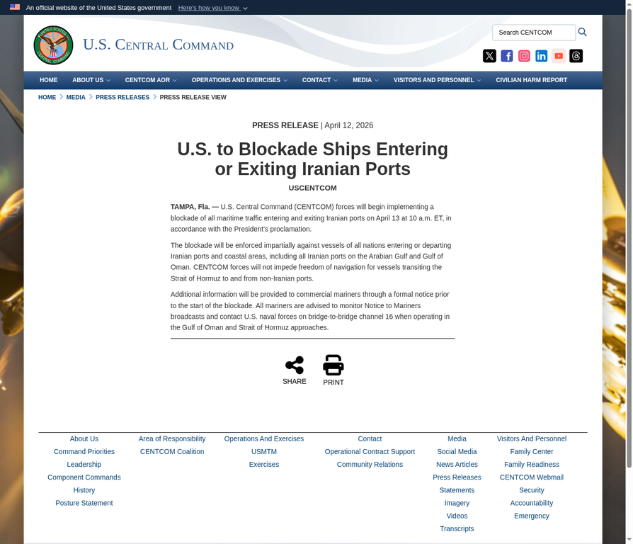 CENTCOM 4月12日发布的封锁令官方声明