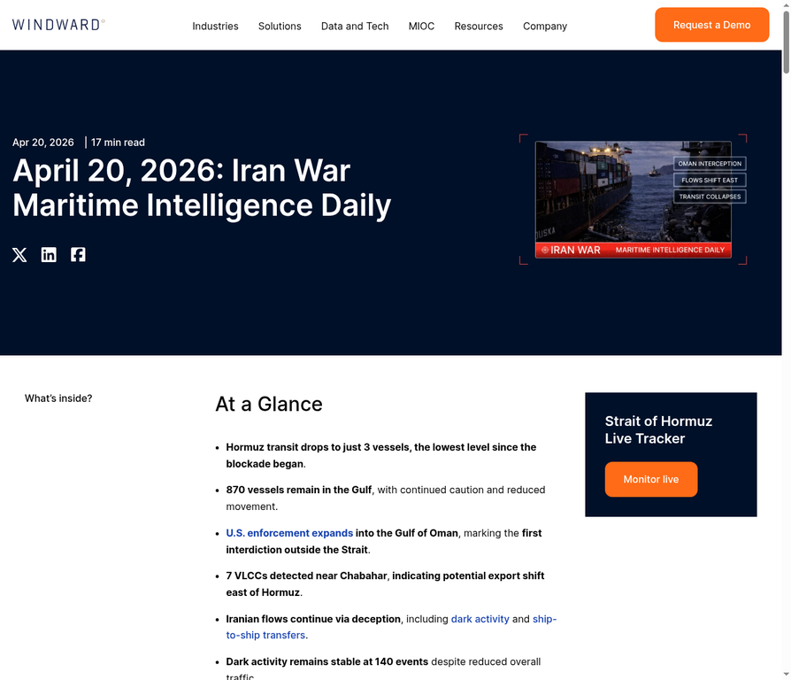 Windward AI 4月20日海事情报日报，指出海湾地区存在大量\